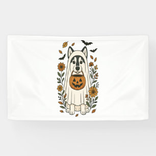 Halloween Siberian Husky Flowers Banner
