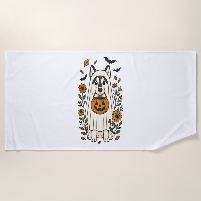 Halloween Siberian Husky Flowers Beach Towel (Front)