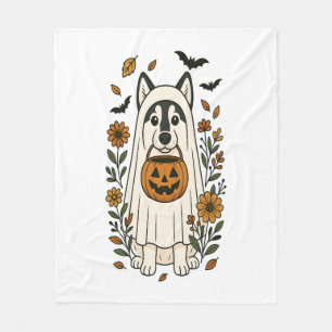 Halloween Siberian Husky Flowers Fleece Blanket