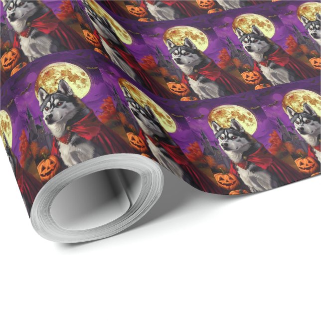 Halloween Siberian Husky Vampire Pumpkins Scary Wrapping Paper (Roll Corner)