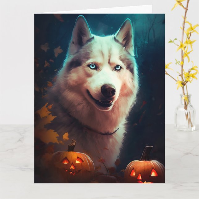 Halloween Siberian Husky With Pumpkins Scary  Card (Yellow Flower)