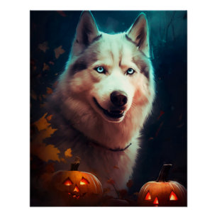 Halloween Siberian Husky With Pumpkins Scary  Poster