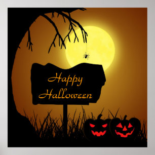 Halloween Sign with Pumpkins - Poster