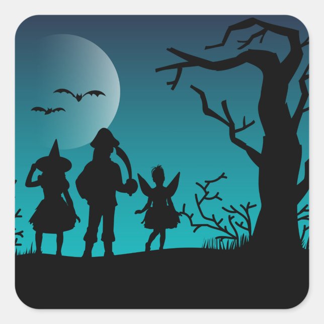 Halloween Silhouette  Square Sticker (Silhouetted figures of a witch, a pirate, and a fairy stand against a glowing moonlit backdrop.  )