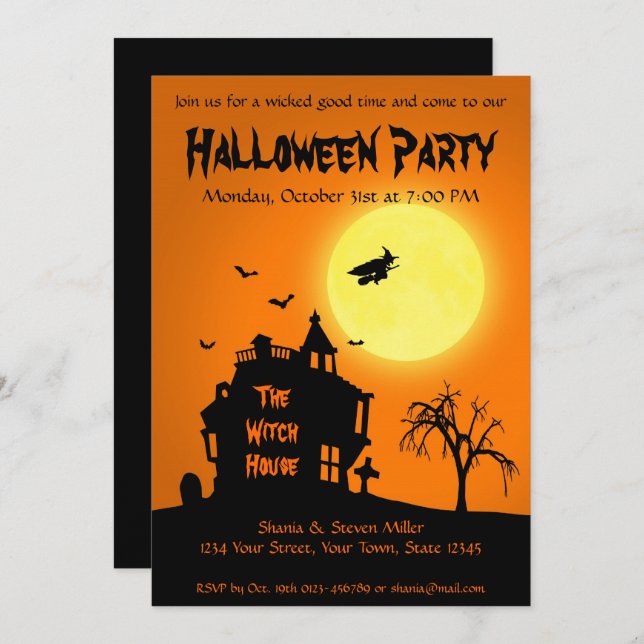 Halloween Silhouette Witch Haunted House Party Invitation (Front/Back)