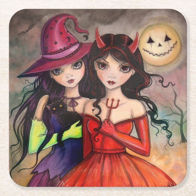 Halloween Sisters Trick or Treating Art Square Paper Coaster (Front)
