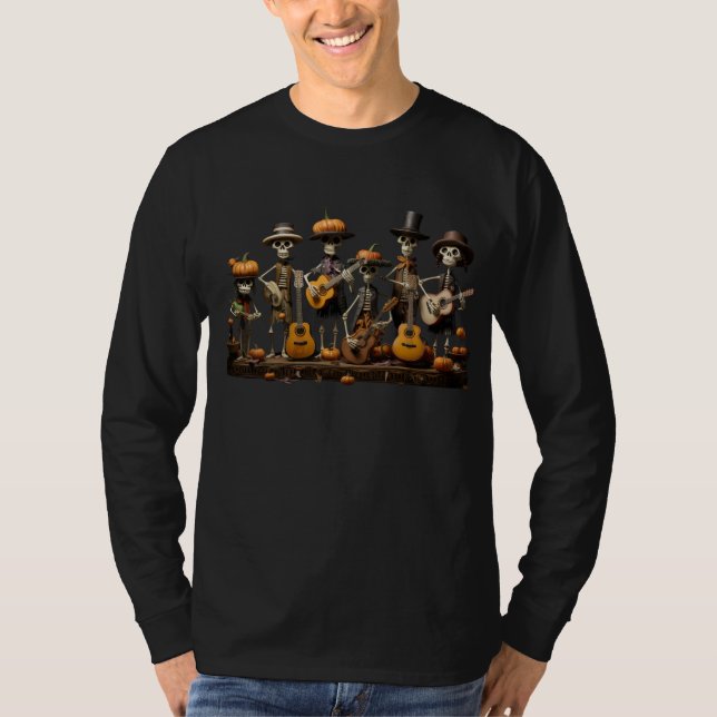 Halloween Skeleton Band Playing Guitar Long Sleeve T-Shirt (Front)
