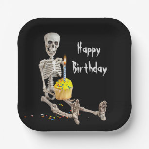 Halloween Skeleton Birthday Cupcake On Black Paper Plate