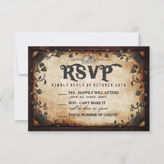 Halloween Skeleton Brown Gothic Wedding RSVP (Front)
