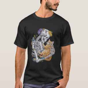 Halloween Skeleton Cat Hug Flowers Costume Women G T-Shirt