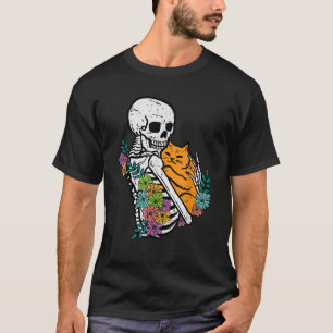 Halloween Skeleton Cat Hug Flowers Costume Women G T-Shirt