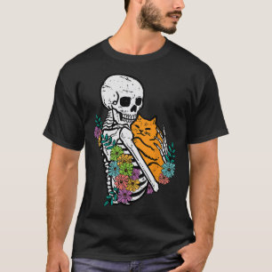 Halloween Skeleton Cat Hug Flowers Costume Women G T-Shirt
