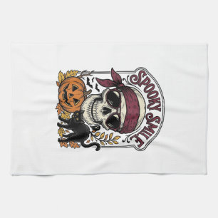 Halloween Skeleton Cat Vintage Pumpkin Graphic_1 Tea Towel