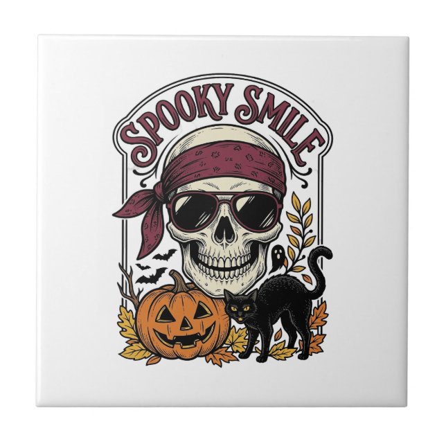 Halloween Skeleton Cat Vintage Pumpkin Graphic_1 Tile (Front)