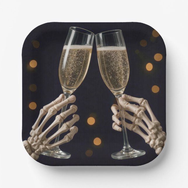 Halloween Skeleton Champagne Toast Paper Plate (Front)