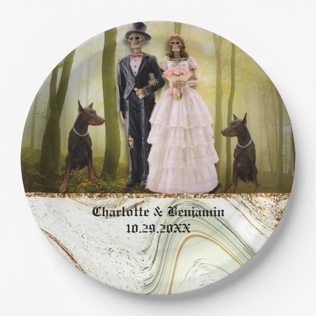 Halloween Skeleton Couple Gothic Wedding Paper Pla Plate (Front)