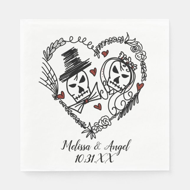 Halloween Skeleton Couples Wreath Illustration Napkin (Front)