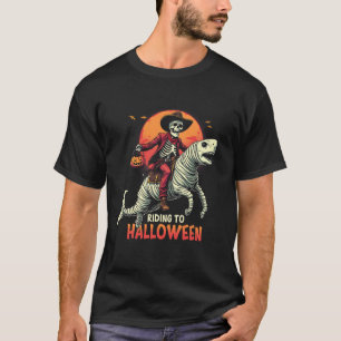 Halloween Skeleton Cowboy Riding Shark Mummy Pumpk T-Shirt