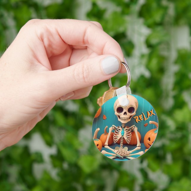 Halloween Skeleton Cute Pumpkin Orange Cyan Text Key Ring (Hand)