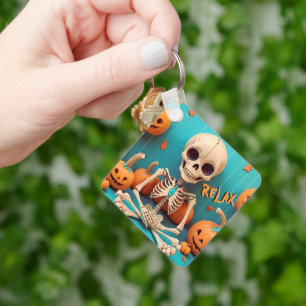 Halloween Skeleton Cute Pumpkin Orange Cyan Text Key Ring