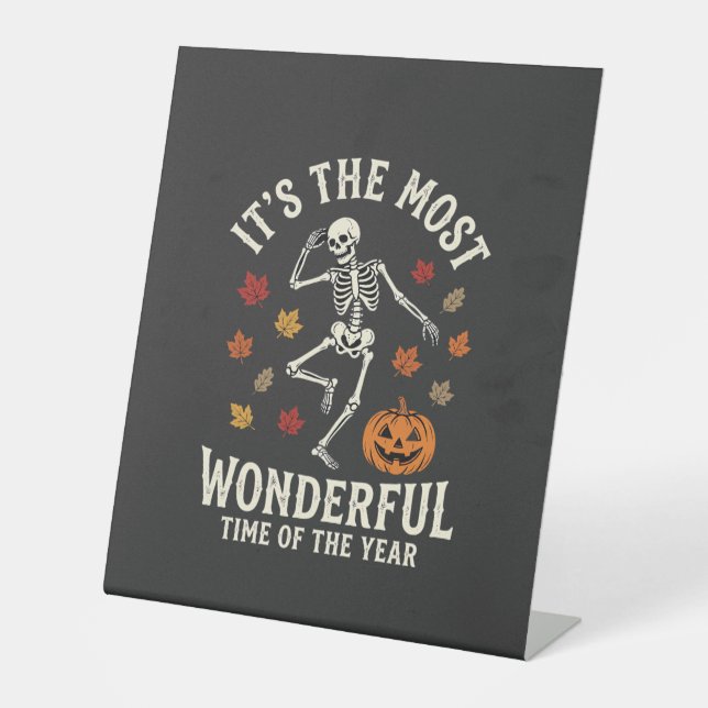 Halloween Skeleton Dance Pumpkin Fall Pedestal Sign (Front)
