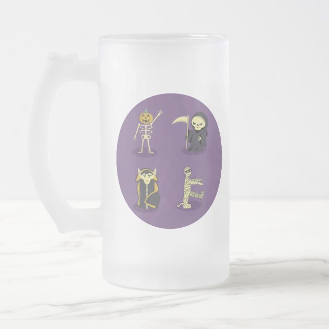 Halloween Skeleton Dracula Mummy Grim Reaper Frosted Glass Beer Mug (Left)