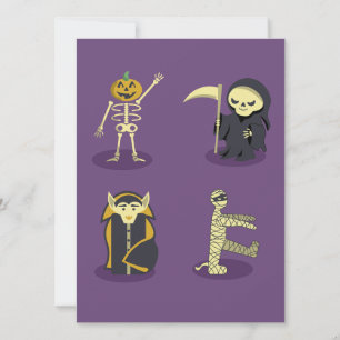 Halloween Skeleton Dracula Mummy Grim Reaper Holiday Card