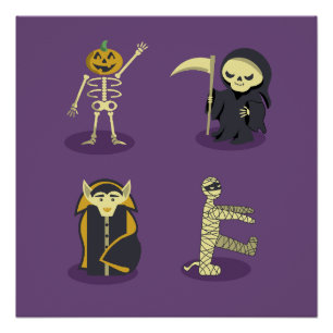 Halloween Skeleton Dracula Mummy Grim Reaper Poster