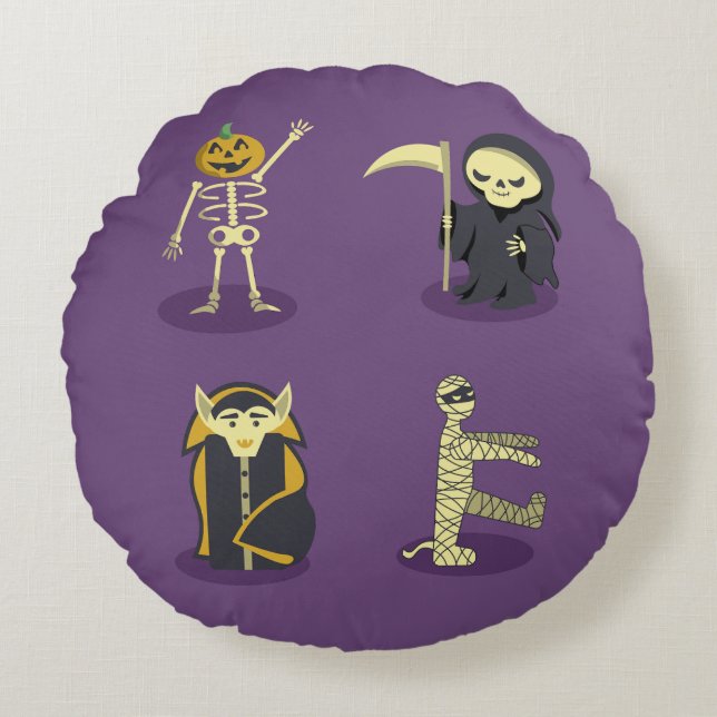 Halloween Skeleton Dracula Mummy Grim Reaper Round Cushion (Front)