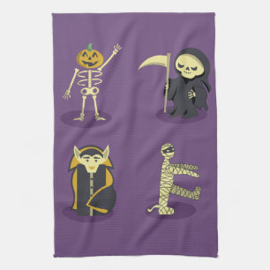 Halloween Skeleton Dracula Mummy Grim Reaper Tea Towel
