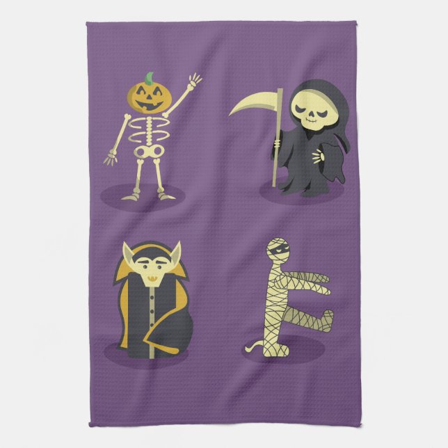 Halloween Skeleton Dracula Mummy Grim Reaper Tea Towel (Vertical)
