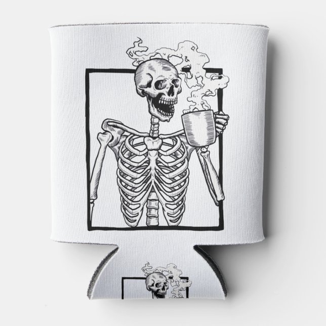 halloween skeleton drinking coffee funny can cooler (Front)