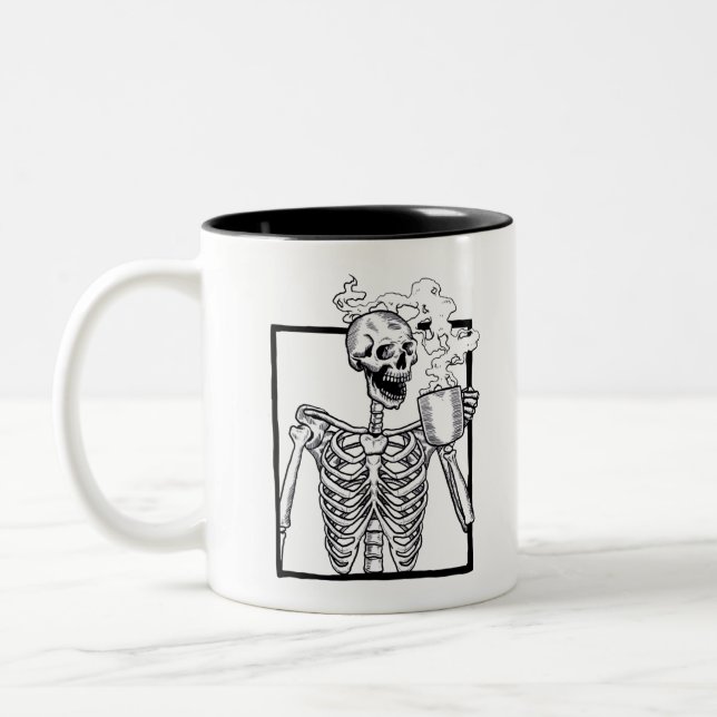 halloween skeleton drinking coffee funny Two-Tone coffee mug (Left)