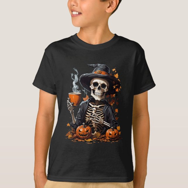 Halloween Skeleton Drinking Coffee Horror For Wome T-Shirt (Front)