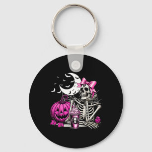 Halloween Skeleton Drinking Coffee Pink Coquette B Key Ring