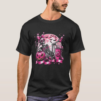 Halloween Skeleton Drinking Coffee Pink Coquette B T-Shirt