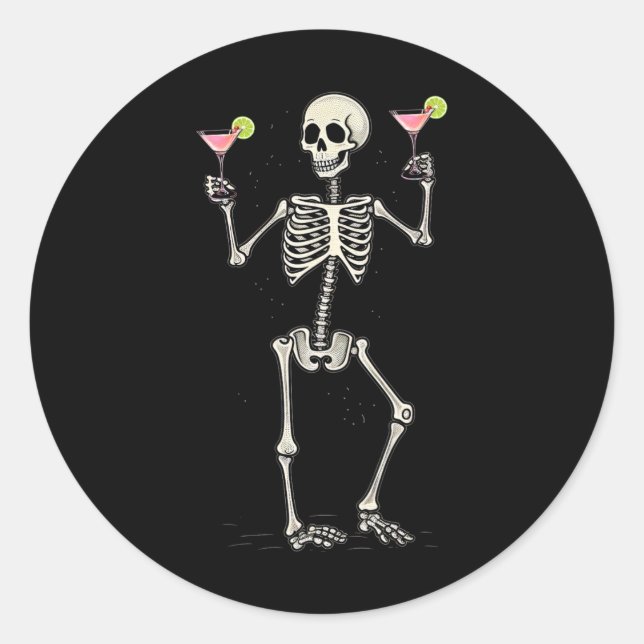 Halloween Skeleton Drinking Cosmopolitan Tail  Classic Round Sticker (Front)