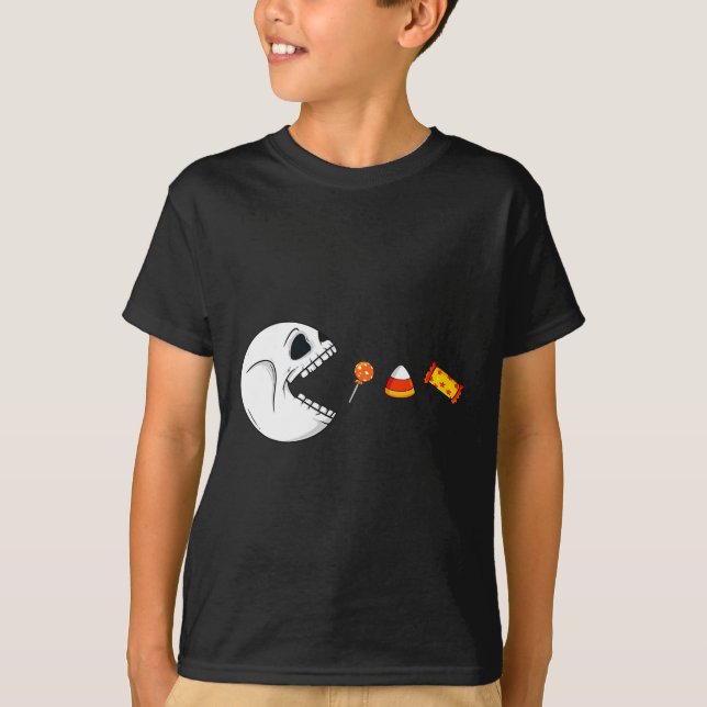 Halloween Skeleton Eats Candy Fun Boys Girls Kids  T-Shirt (Front)