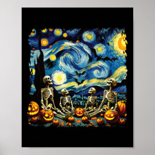 Halloween Skeleton Family Van Gogh Starry Night Pu Poster