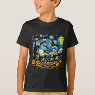Halloween Skeleton Family Van Gogh Starry Night Pu T-Shirt