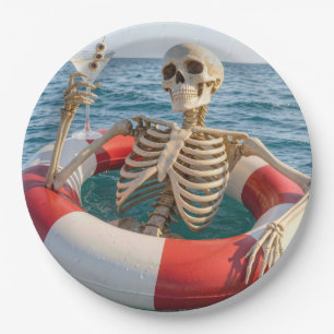 Halloween Skeleton Floating in a Lifebuoy  Paper Plate