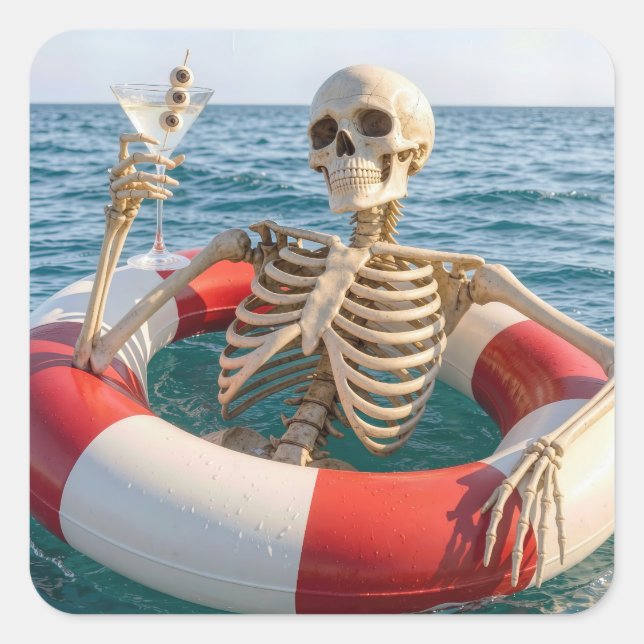 Halloween Skeleton Floating in a Lifebuoy  Square Sticker (Front)