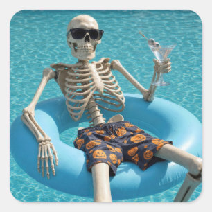Halloween Skeleton Floating in a Swimming Pool Square Sticker