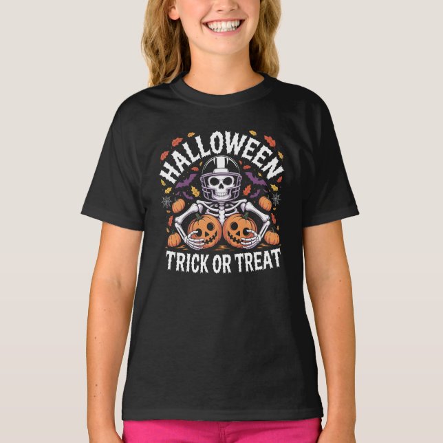 Halloween Skeleton Football Player Trick or Treat T-Shirt (Front)