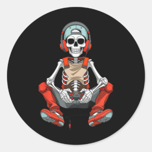 Halloween Skeleton Gamer Funny Video Gaming Boys M Classic Round Sticker
