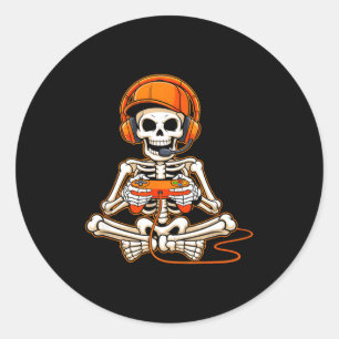 Halloween Skeleton Gamer Video Gaming Boys Men Kid Classic Round Sticker