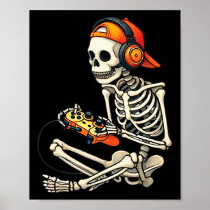Halloween Skeleton Gamer Video Gaming Boys Men Kid Poster