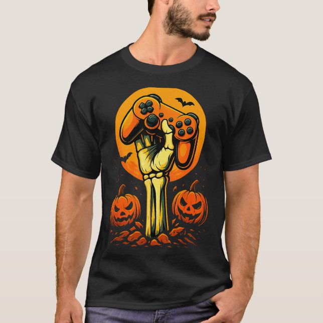 Halloween Skeleton Gamer Video Gaming Controller B T-Shirt (Front)