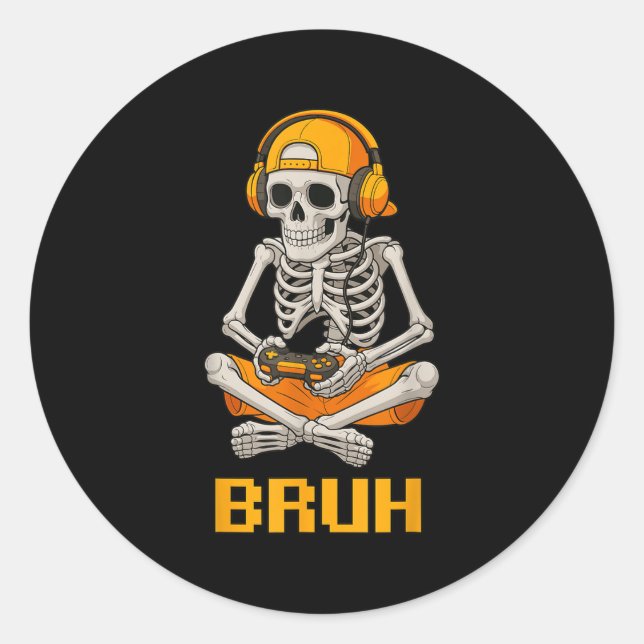 Halloween Skeleton Gamer Video Gaming Funny Skelet Classic Round Sticker (Front)