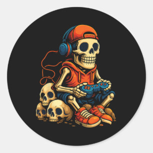 Halloween Skeleton Gamer Video Gaming Ghost Hallow Classic Round Sticker
